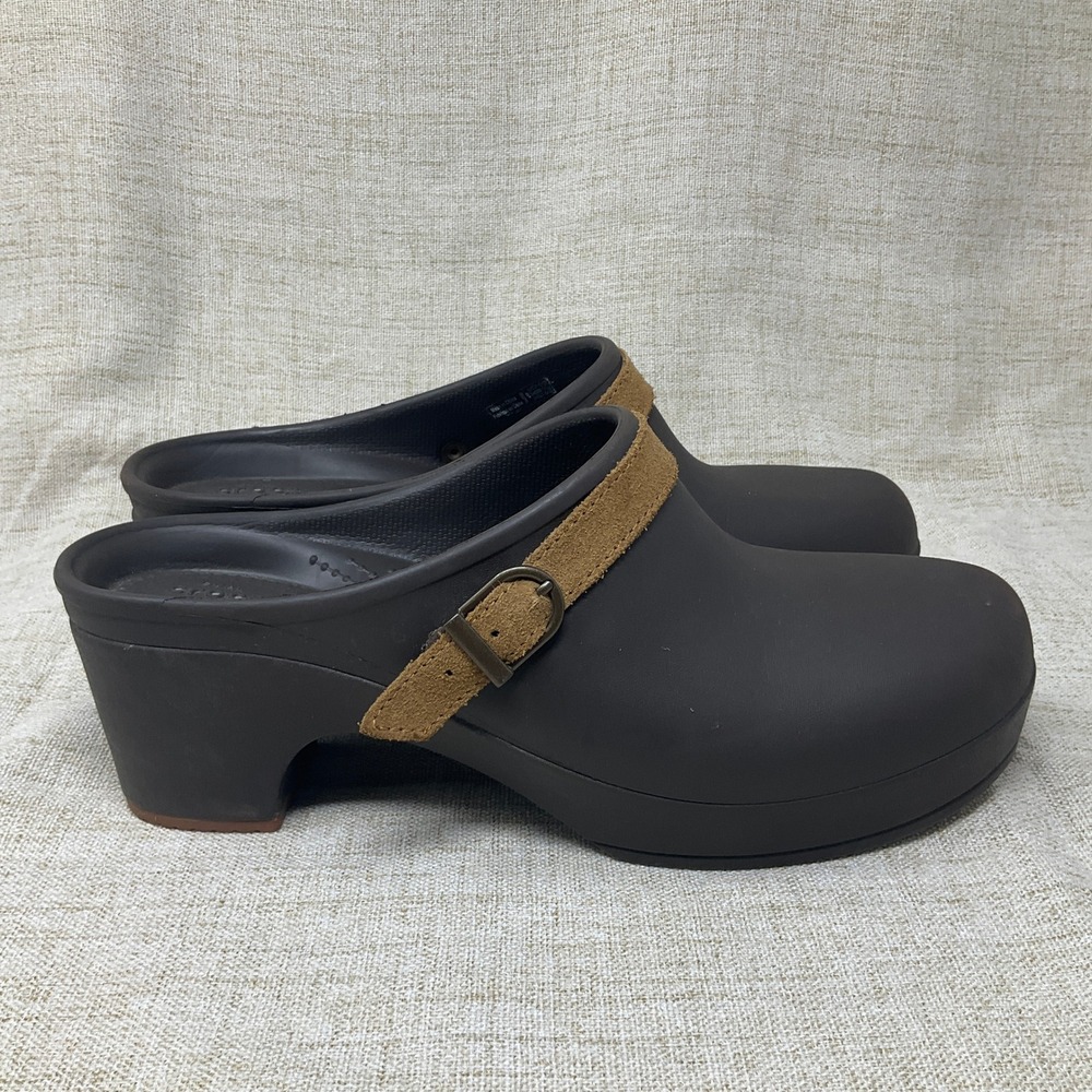 Crocs Women's Dark Brown Wedge Clogs with Tan Strap Size 10